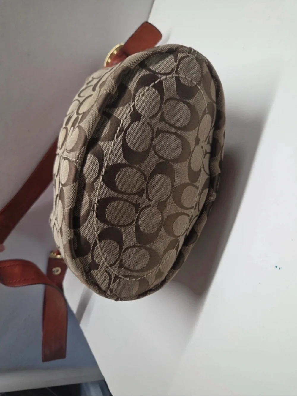 Coach Brown Signature Canvas Bucket Bag with Rust Leather Trim